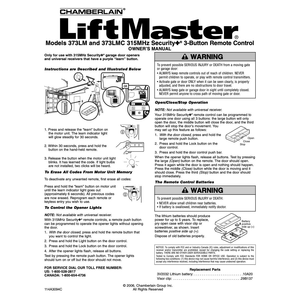 LiftMaster 373LM / 373LMC 3-Button Vizon 315 MHz Garage Door Opener Remote Control