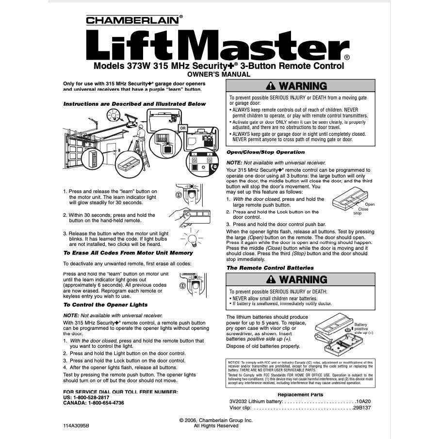 LiftMaster 373W 3-Button Vizor 315 MHz Garage Door Opener Remote Control