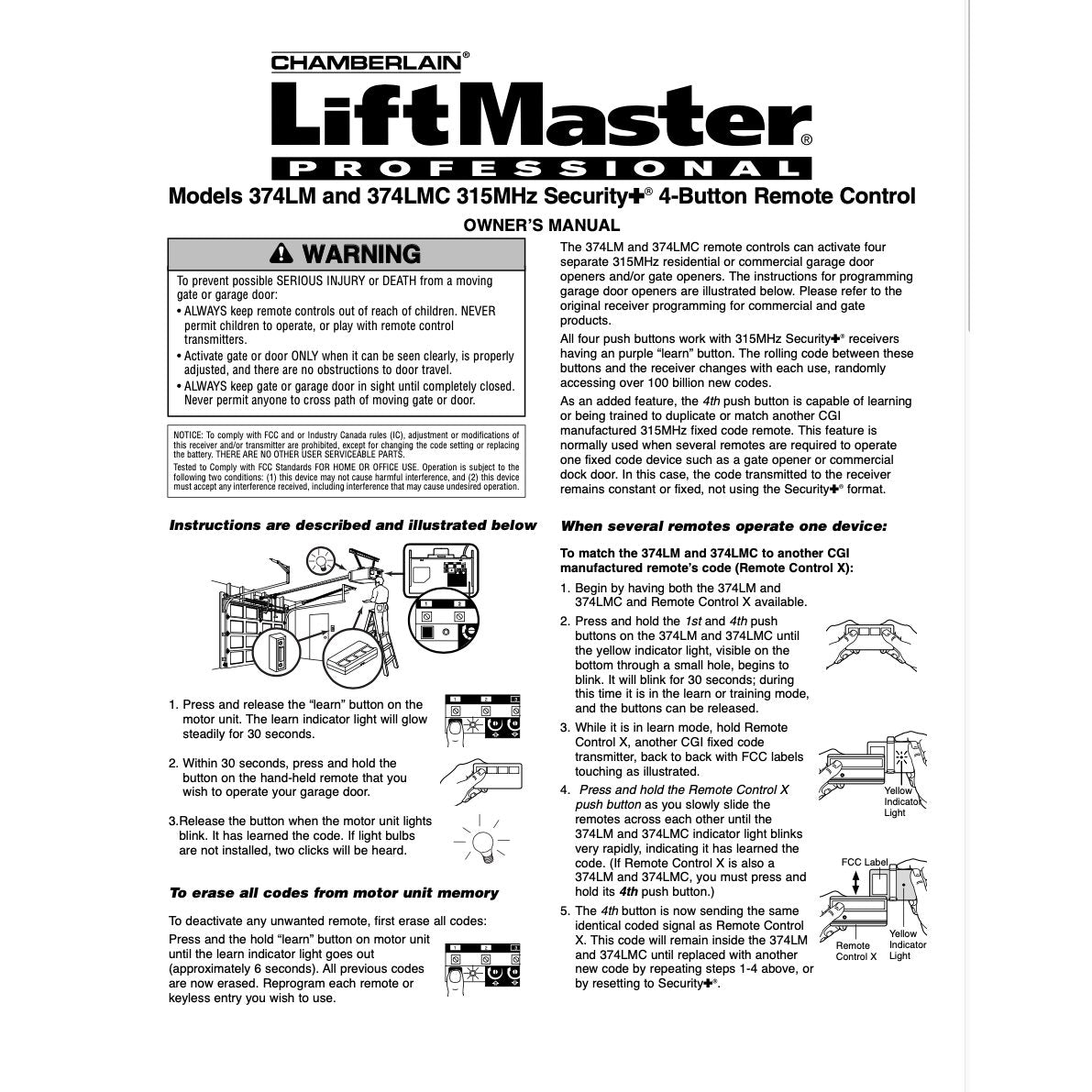 LiftMaster 374LM / 374LMC 4-Button Visor 315 MHz Garage Door Opener Remote Control