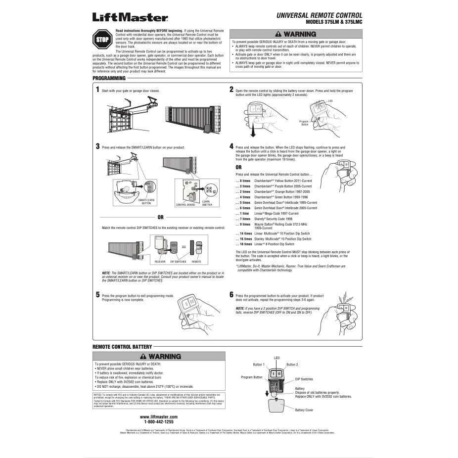 LiftMaster 375LM 2-Button Visor Universal Garage Door Opener Remote Control