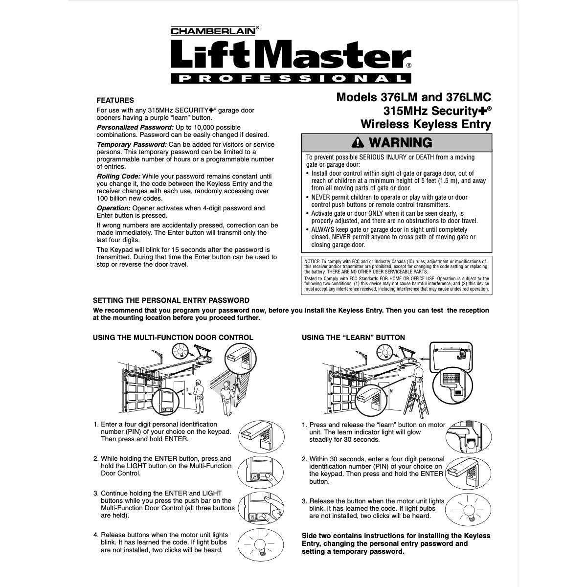 LiftMaster 376LM / 376LMC Wireless Keyless Entry 315MHz Garage Door Opener Remote Control