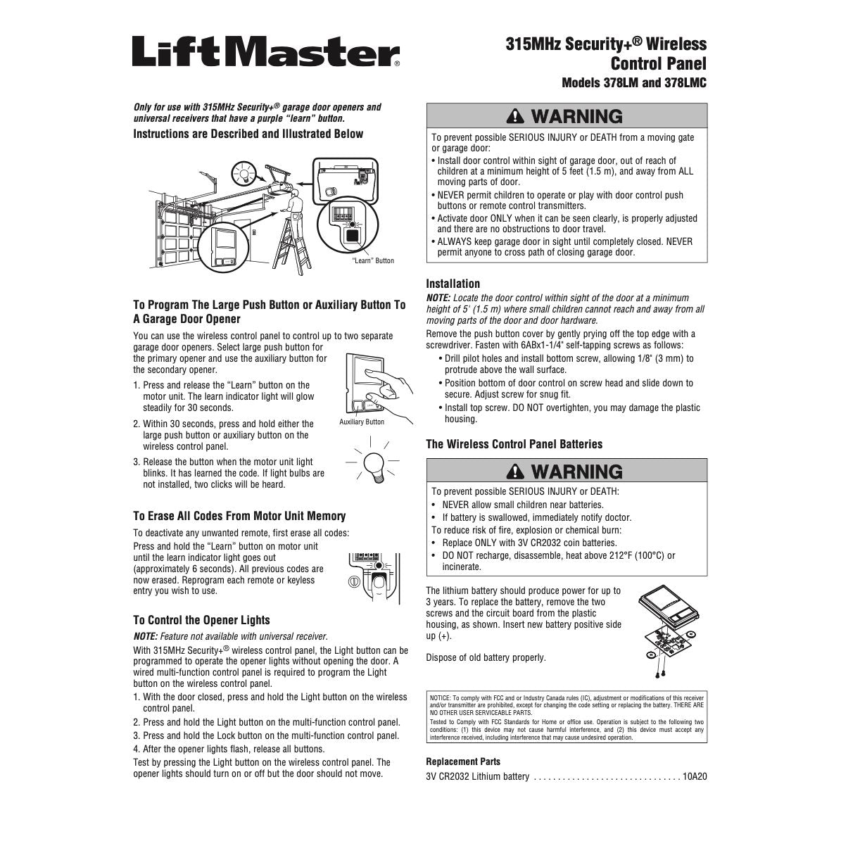 LiftMaster 378LM / 378LMC Wireless Control Panel 315 MHz Garage Door Opener Remote Control