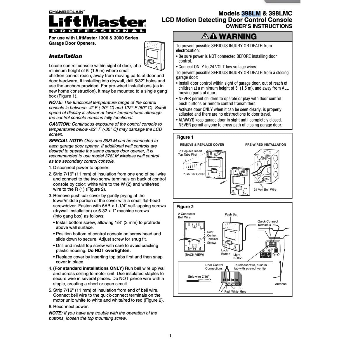 LiftMaster 398LM / 398LMC LCD Motion Detecting Console 315 MHz Garage Door Opener Remote Control