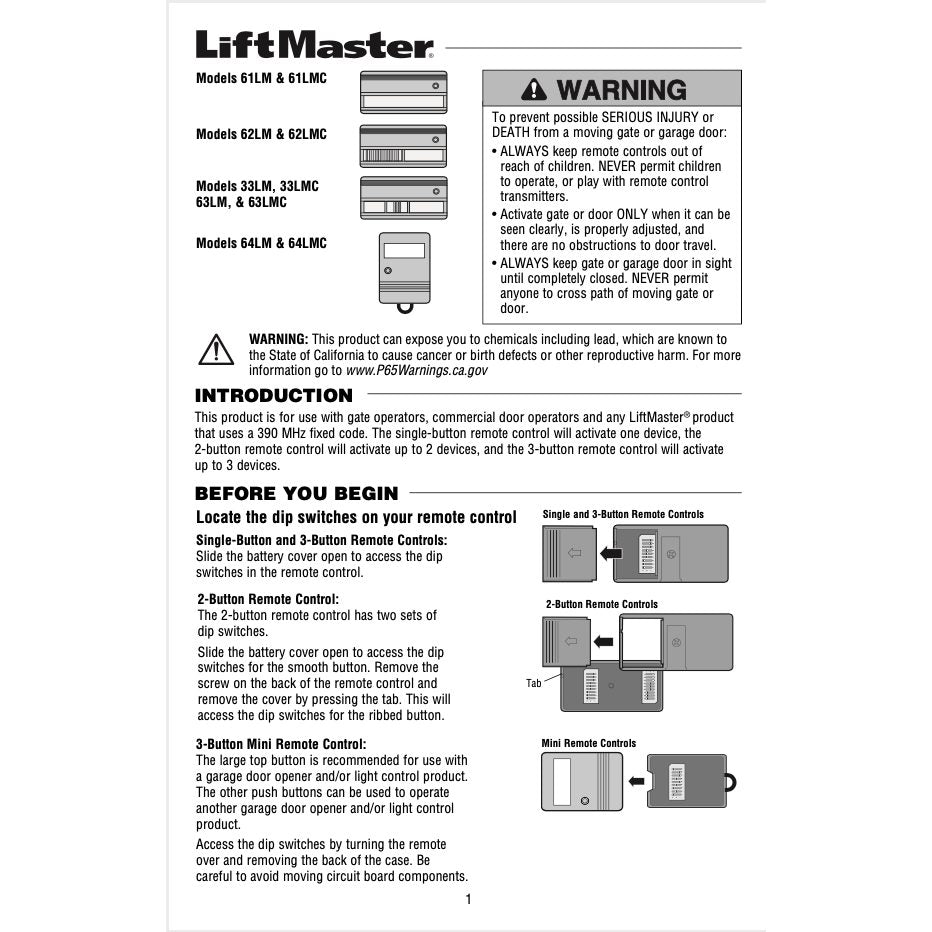 Télécommande d'ouvre-porte de garage LiftMaster 62LM/62LMC à 2 boutons, 390 MHz