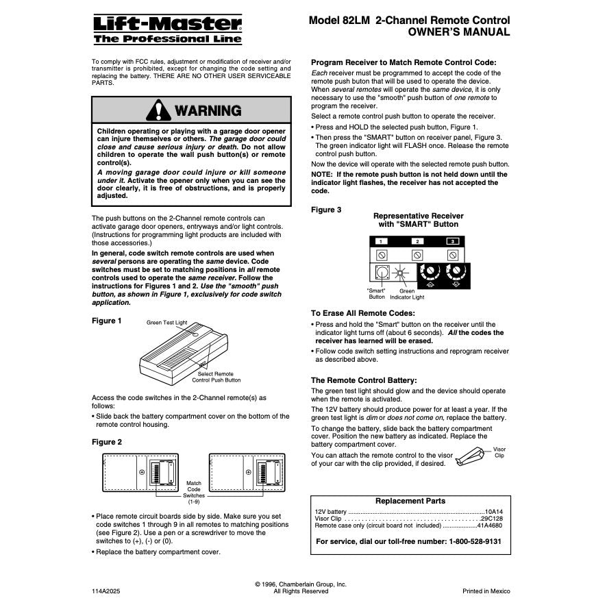 Télécommande d'ouvre-porte de garage LiftMaster 82LM à 2 boutons, 390 MHz