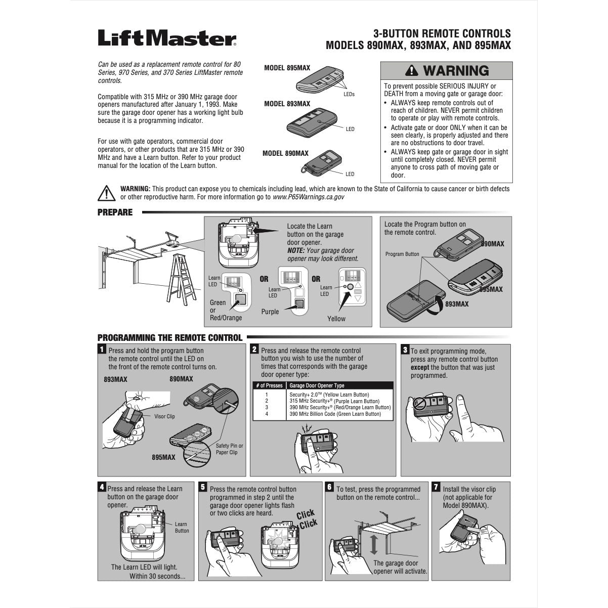 LiftMaster 890MAX 3 Button Mini Remote Control Garage Door Opener Remote Control