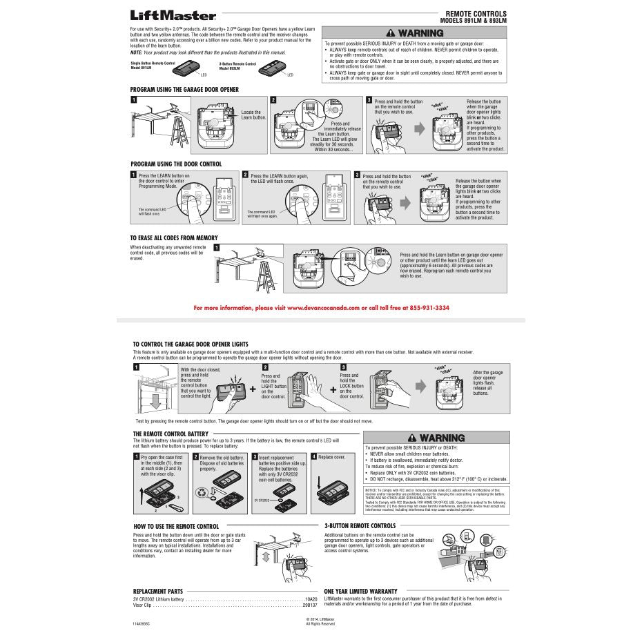 LiftMaster 891LM 1-Button Vizor 310/315/390 MHz Garage Door Opener Remote Control