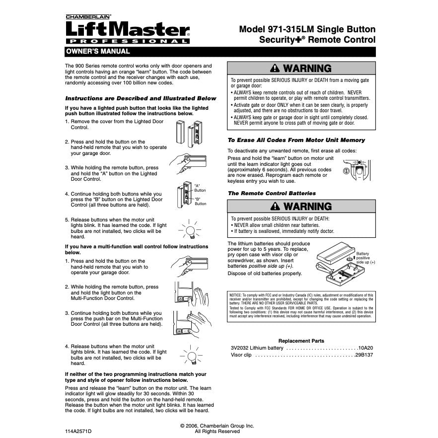 LiftMaster 971LM / 91LM 1-Button vizor 390MHz Garage Door Opener Remote Control