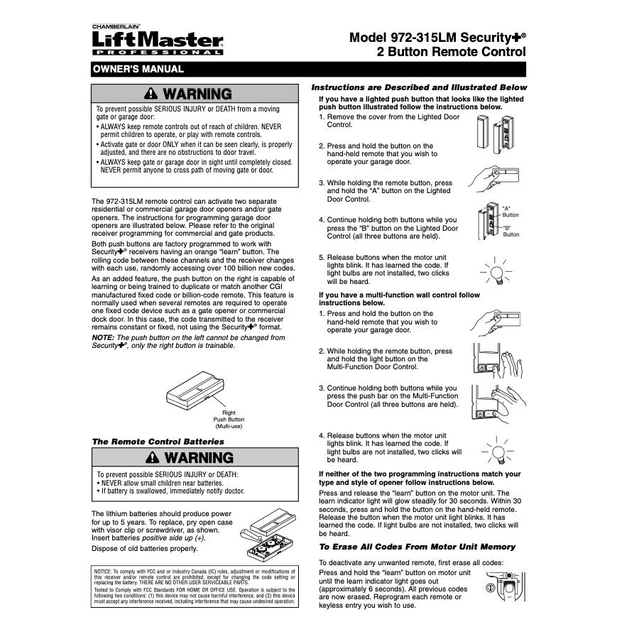 LiftMaster 972LM / 92LM 2-Button Vizor 390MHz Garage Door Opener Remote Control