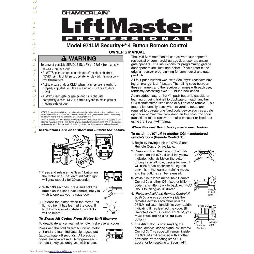 LiftMaster 974LM / 94LM 4-button Vizor 390 MHz Garage Door Opener Remote Control