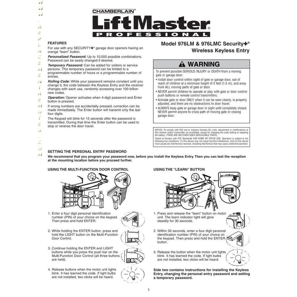 LiftMaster 976LM / 96LM / 976LMC Wireless Keyless Entry 390 Mhz Garage Door Opener Remote Control