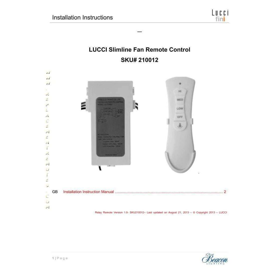 Lucci 210012 UC7216T 433MHz Slimline Ceiling Fan Remote Control