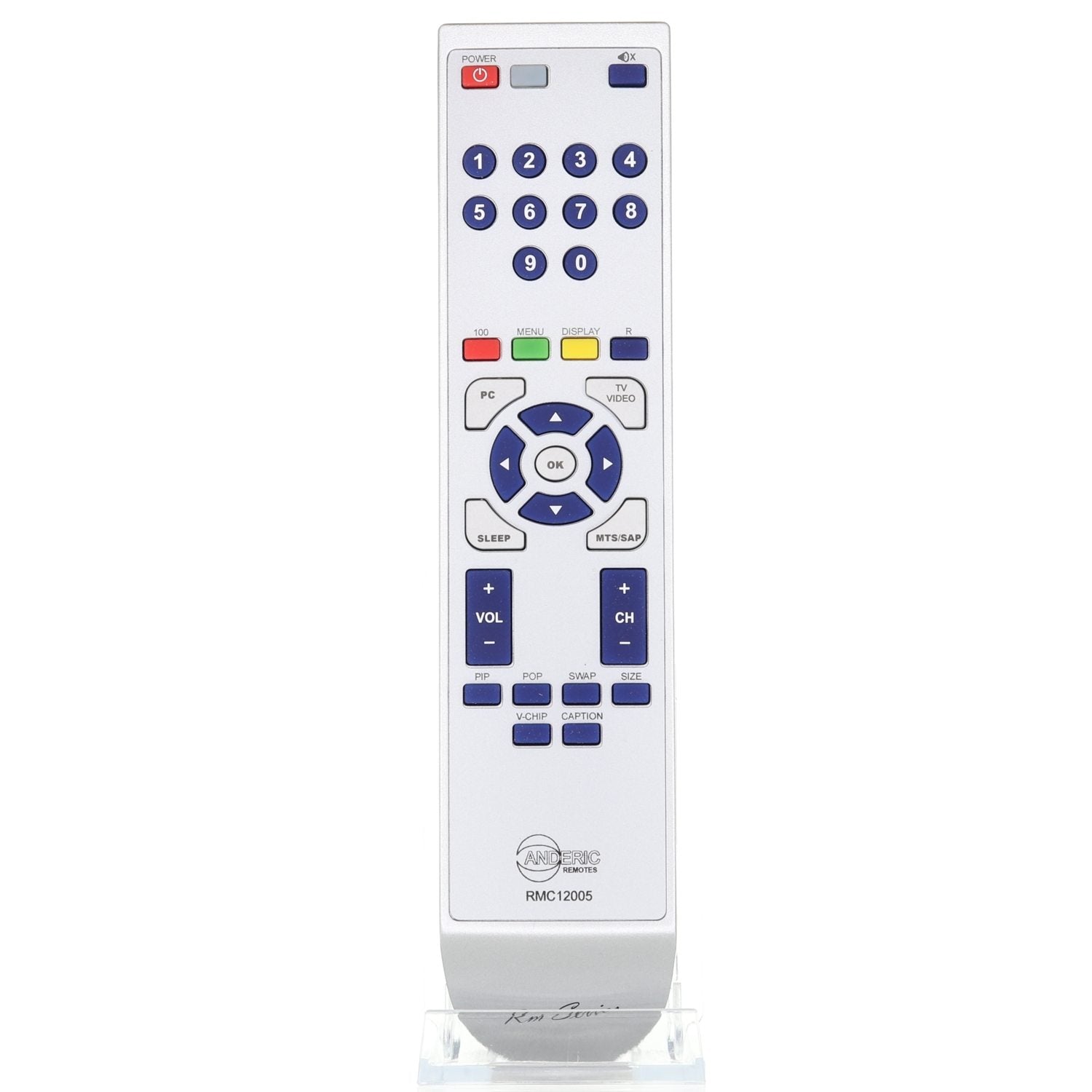 The Anderic 98TR7SW1NEMNF remote for Magnavox TVs features blue and multicolored buttons, including numbers, navigation, and volume/channel controls. It comes pre-programmed and elegantly stands on a clear plastic stand.