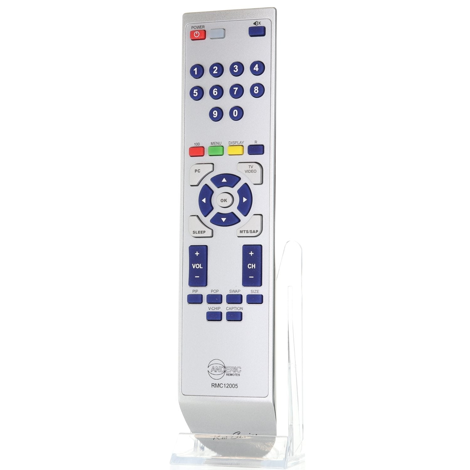 An Anderic RMC12005 remote, compatible with MAGNAVOX TVs, featuring numbered buttons, volume and channel controls, and device selection options, stands upright on a clear stand.