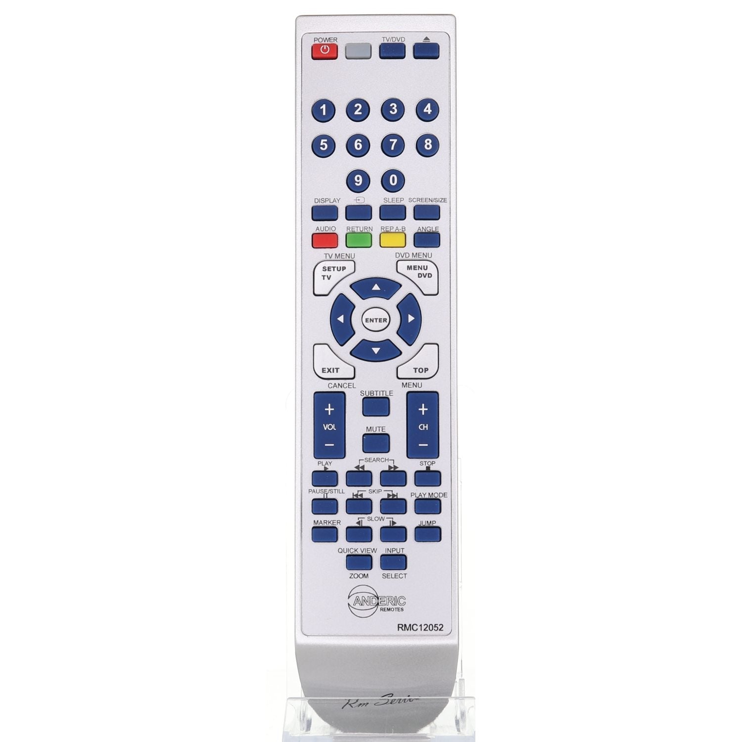 The Anderic 076R0LJ030 for Sansui TV/DVD Remote Control (RMC12052) features buttons for numbers, volume, channel, menu, and colored navigation keys. Displayed upright on a clear stand, it combines functionality with sleek design.