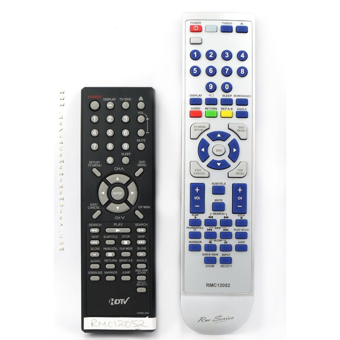 Side by side are two remote controls: a black RMC12052 with a central circular pad and a white one featuring colorful buttons, ideal for a Sansui/Orion TV/DVD combo, both offering similar navigation features.