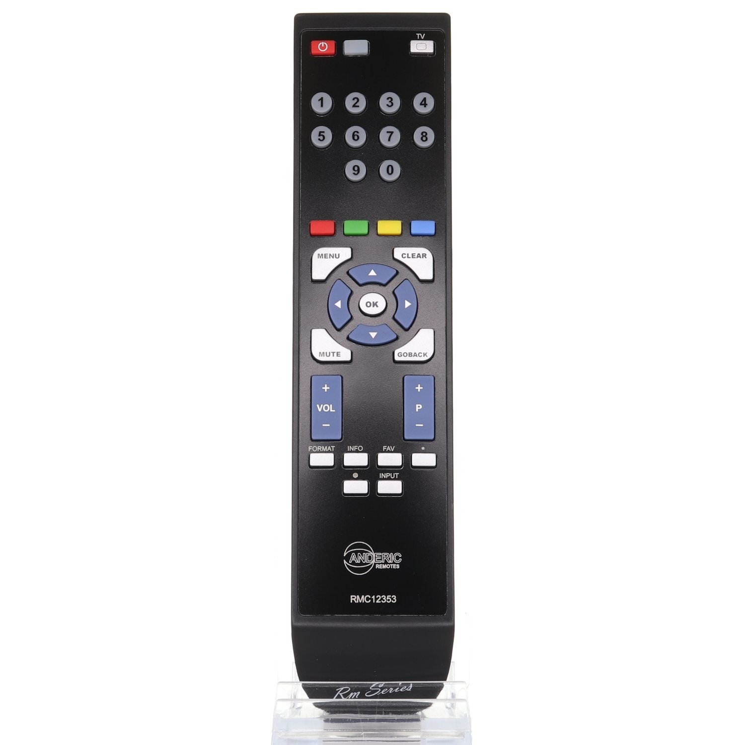 The Anderic RMC12353 remote for RCA RC246 TVs features buttons for numbers, volume, channels, power, and navigation. The model number RMC-1253B is printed near the bottom. It's comparable to the Anderic RRU401.3 for RCA TVs.