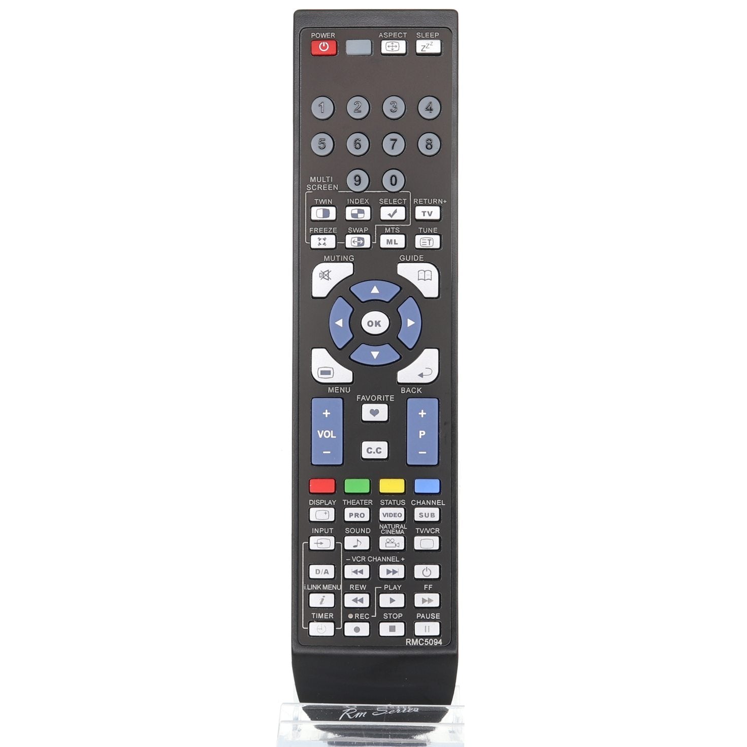 The Anderic RMC322G/RMC1200G/RMC14G remote control for JVC TVs, featuring power, numbers, volume, and directional buttons, is displayed upright on a stand—perfect for your JVC TV with no programming required.