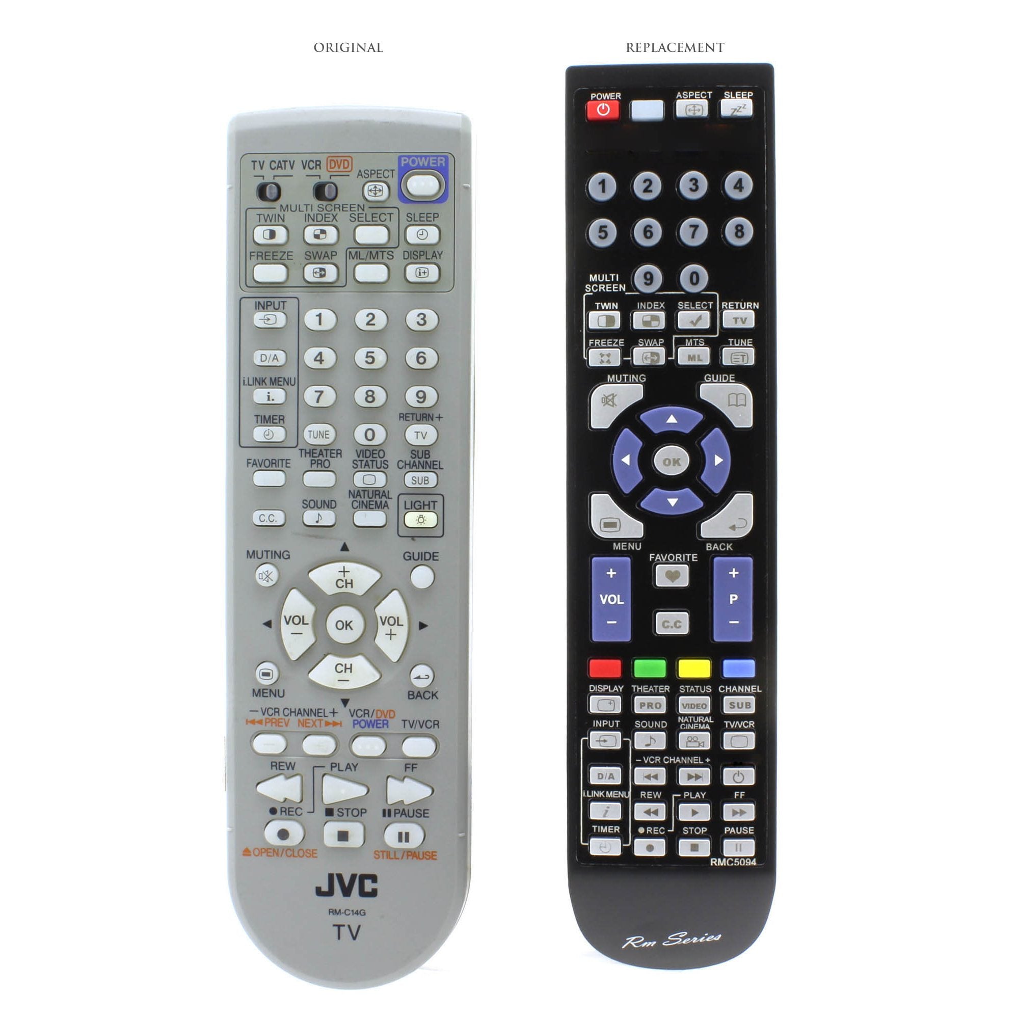 A silver JVC TV remote (Anderic RMC5094) and a black "Replacement" sit side by side, boasting similar button layouts. Both remotes are pre-programmed for easy setup without the need for additional programming.