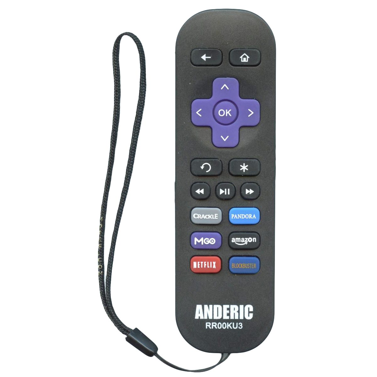 The Anderic RR00KU3 for ROKU IR Streaming Remote Control includes a wrist strap, navigation buttons, media controls, and quick-access app buttons for Pandora, Amazon, Netflix, and Blockbuster. It utilizes infrared technology for seamless connectivity.