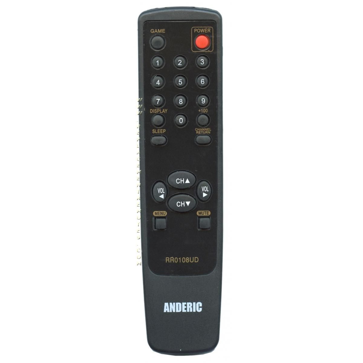 The Anderic RR0108UD Funai TV Remote Control features a sleek black design with buttons for power, game, volume, channel, and numbers.