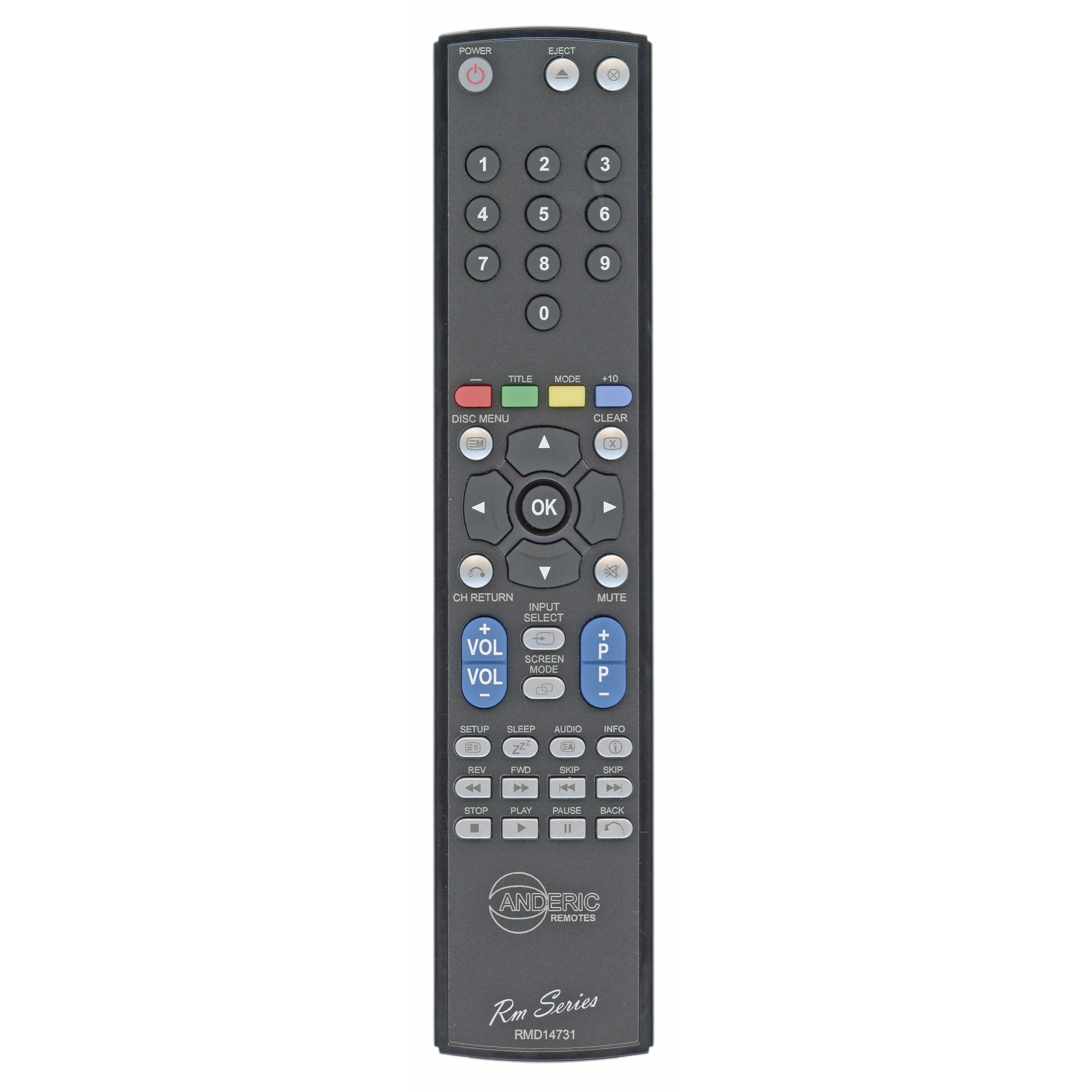 The Anderic NF033UD for Sylvania/Funai/Emerson TV/DVD Combo Remote Control - RMD14731 is a stylish black remote featuring clearly labeled buttons for power, volume, channel, and more.