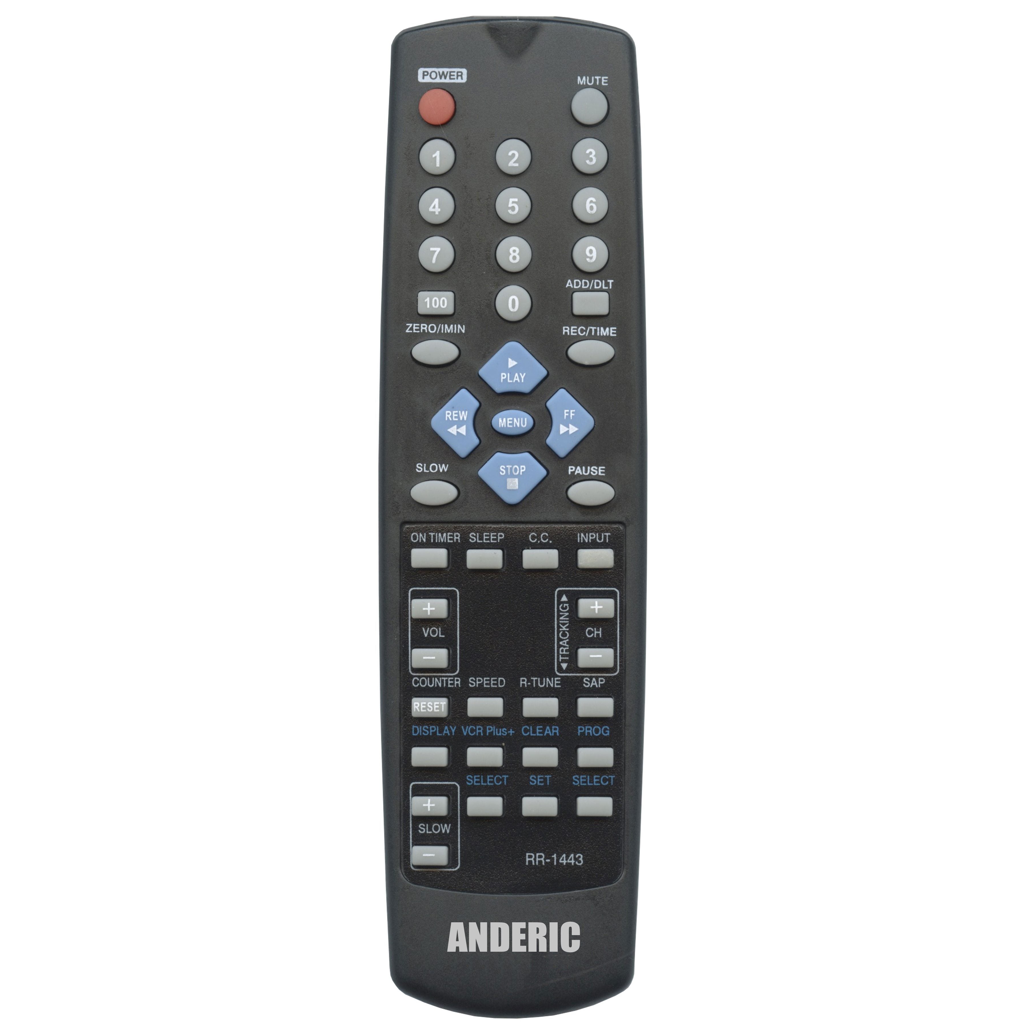 The Anderic RR1443 for Panasonic VCR Remote Control features a sleek black design with gray and blue buttons, ideal for Panasonic & Quasar TV/VCR combos. It requires no programming and offers convenience in an elegant package.