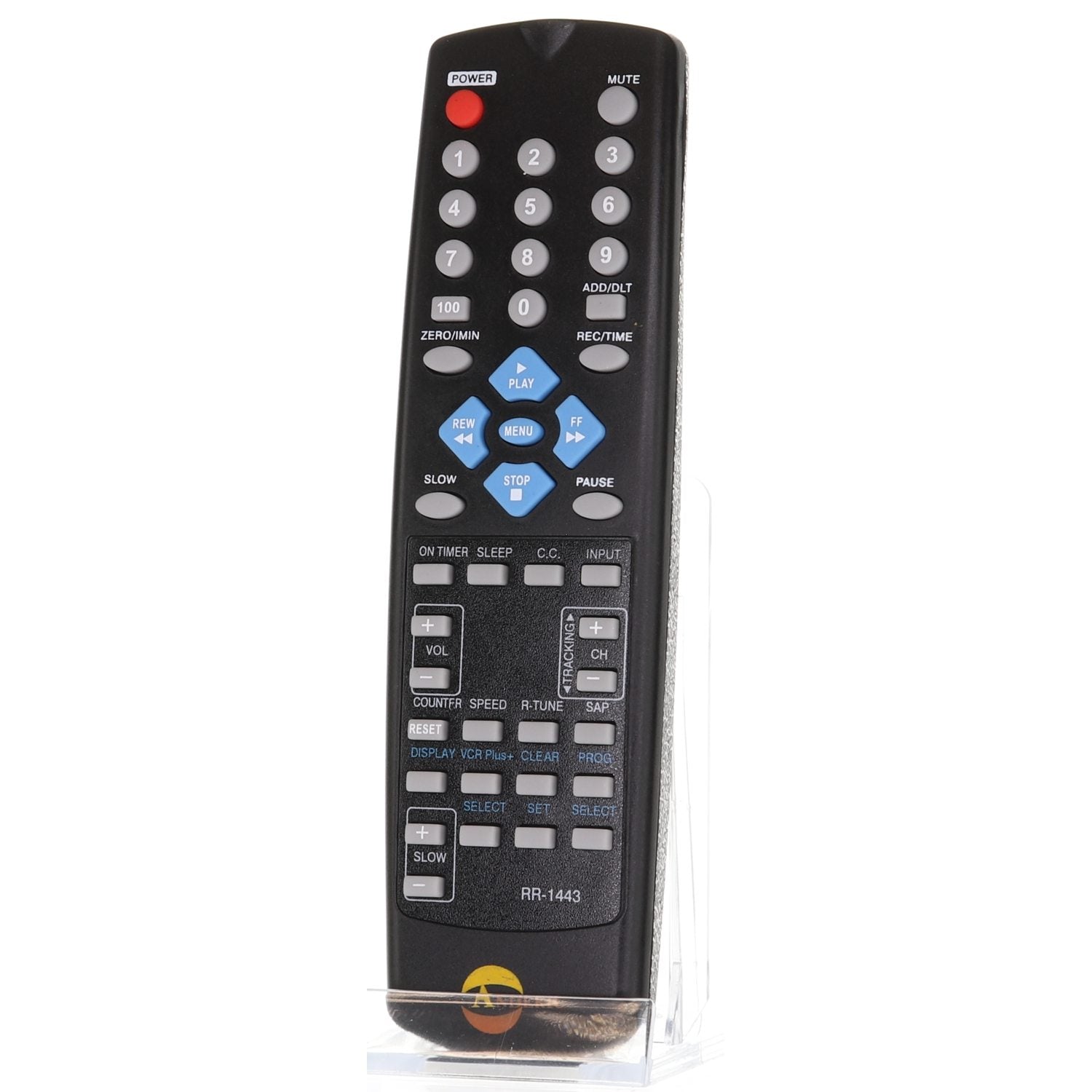 The Anderic RR1443 remote, designed for Panasonic & Quasar TV/VCR combos, features numeric, volume, playback, and navigation keys. It stands on a white background and requires no programming for immediate use.