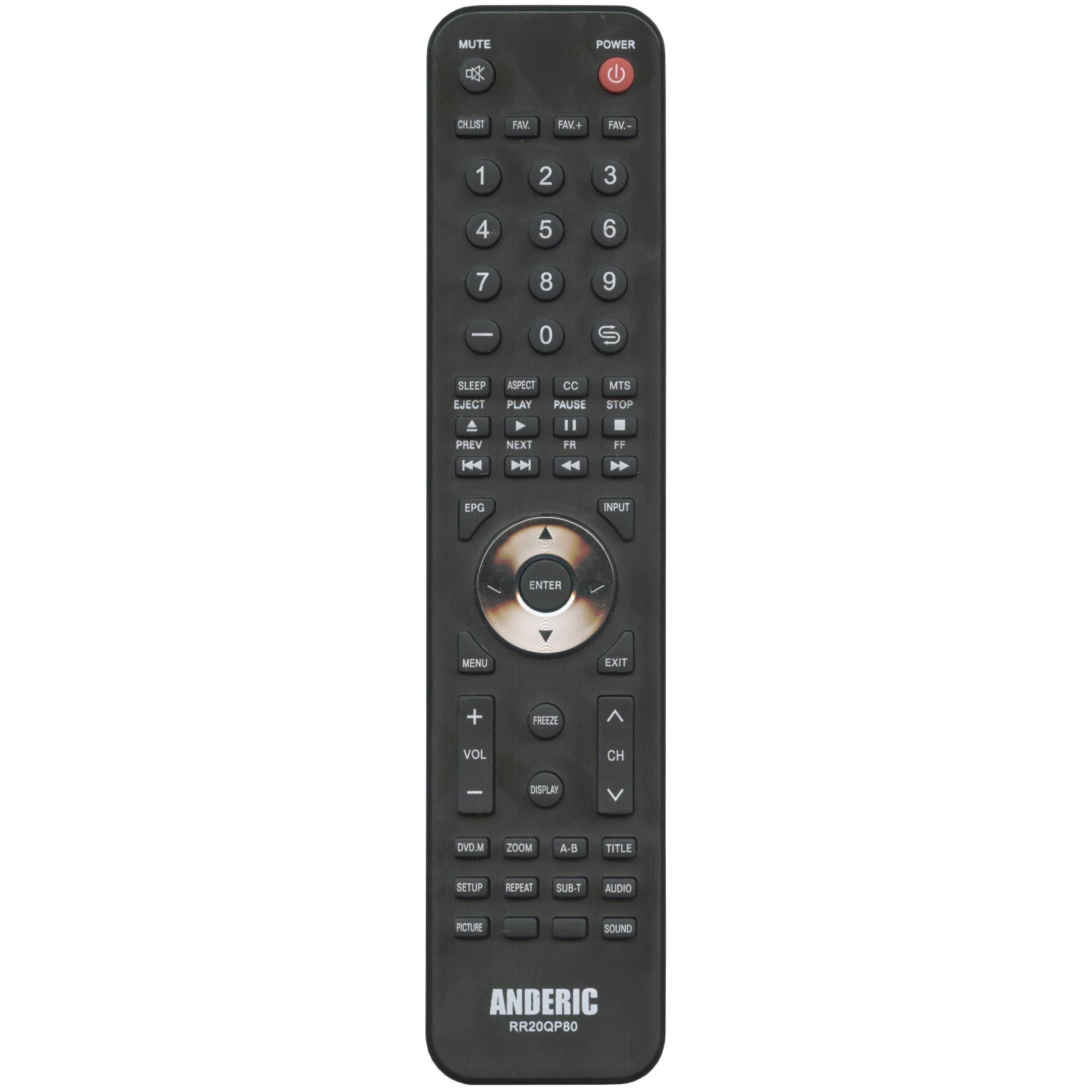 The Anderic RR20QP80 remote control, compatible with RCA TV/DVD models, is black and features buttons for volume, power, mute, and navigation. Model "RRQ2GPB0" is visible at the bottom.