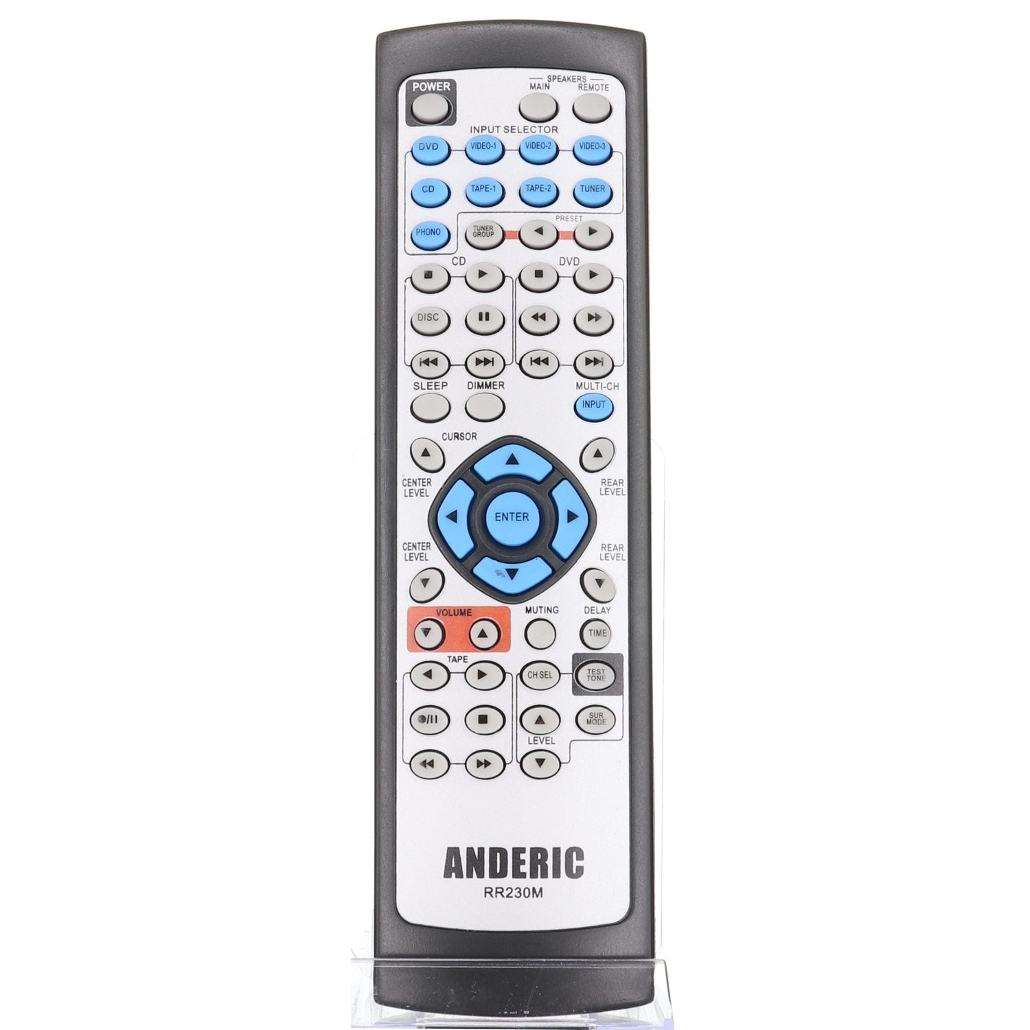 The Anderic RR230M remote control for Onkyo Receiver includes buttons like power, input selector, and a directional pad. It features a white face with a black border and prominently displays the Anderic brand name at the bottom.