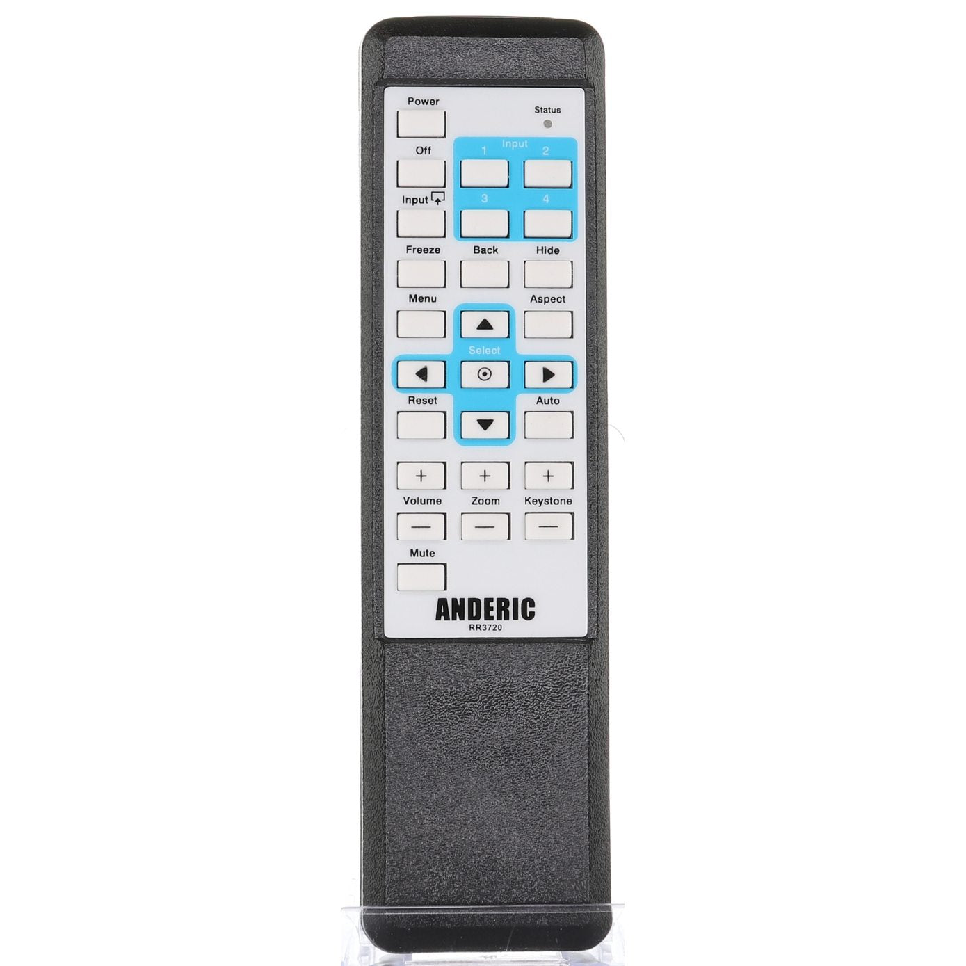 The rectangular Anderic RR3720 Universal with Learning Projector Remote Control features labeled buttons for power, input, volume, and menu functions. It has a directional pad and the "Anderic" brand at the bottom, ensuring effortless programming to learn from your original remote.