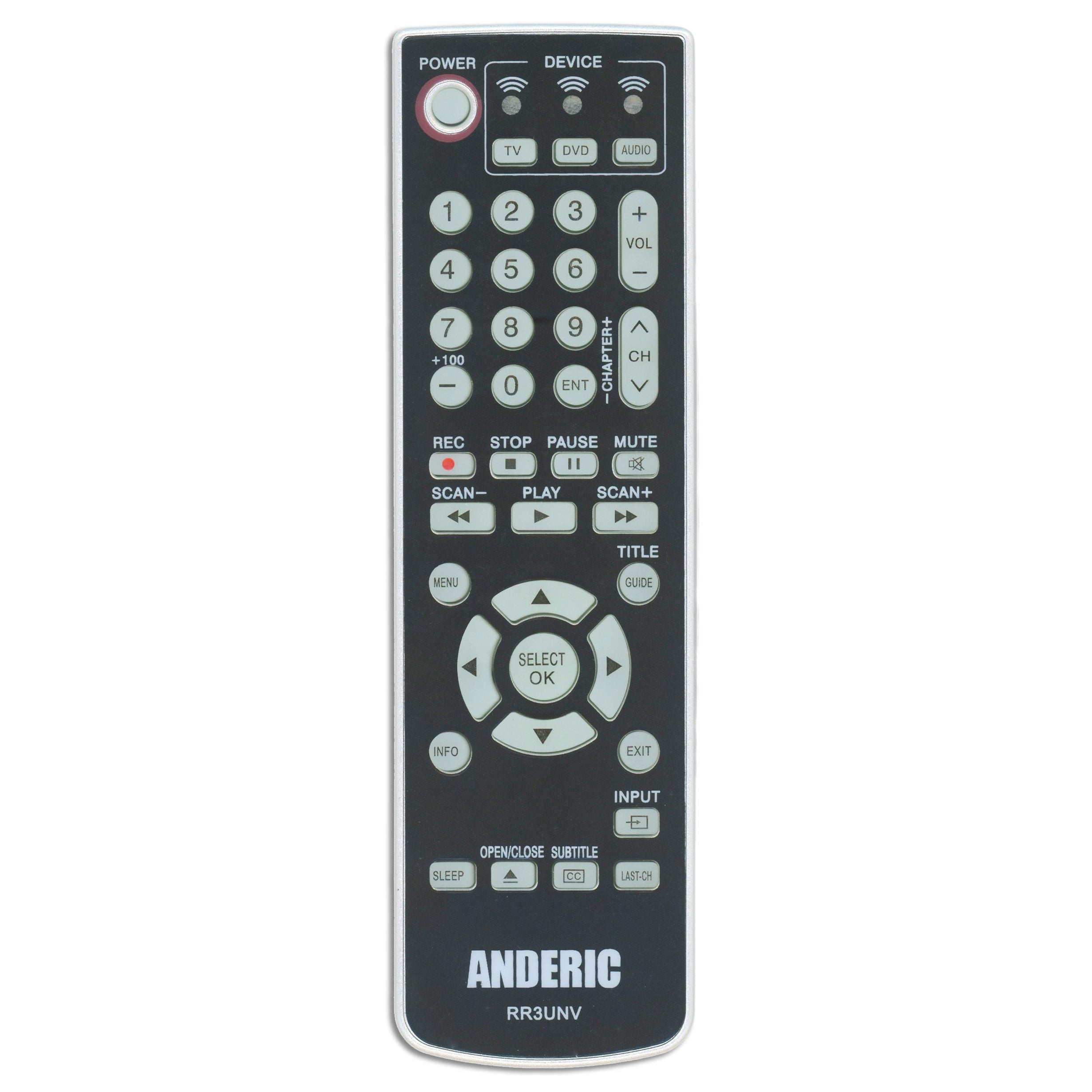 The Anderic RR3UNV Universal Remote, black and labeled "ANDERIC" at the bottom, has glow-in-the-dark buttons for power, volume, channel, playback, and device selection.