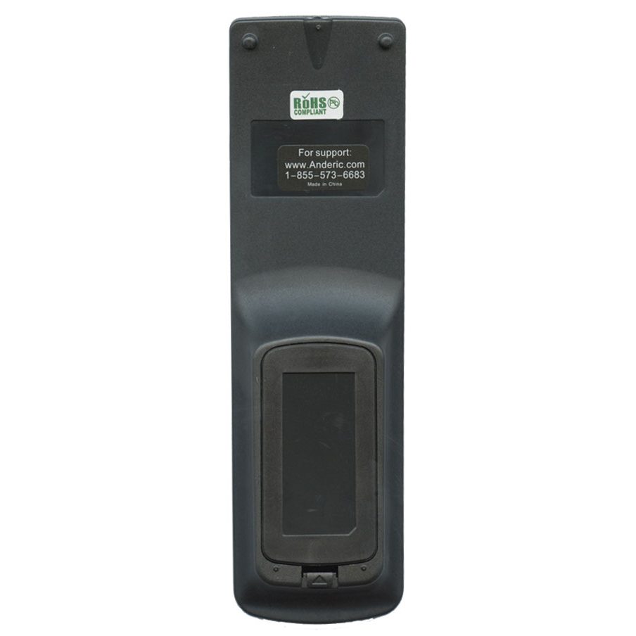 The sleek black Anderic RR3UNV with Learning 3-Device Universal Remote Control has a digital screen on the lower half, a support contact label above it, and glow-in-the-dark buttons for easy navigation in low light.