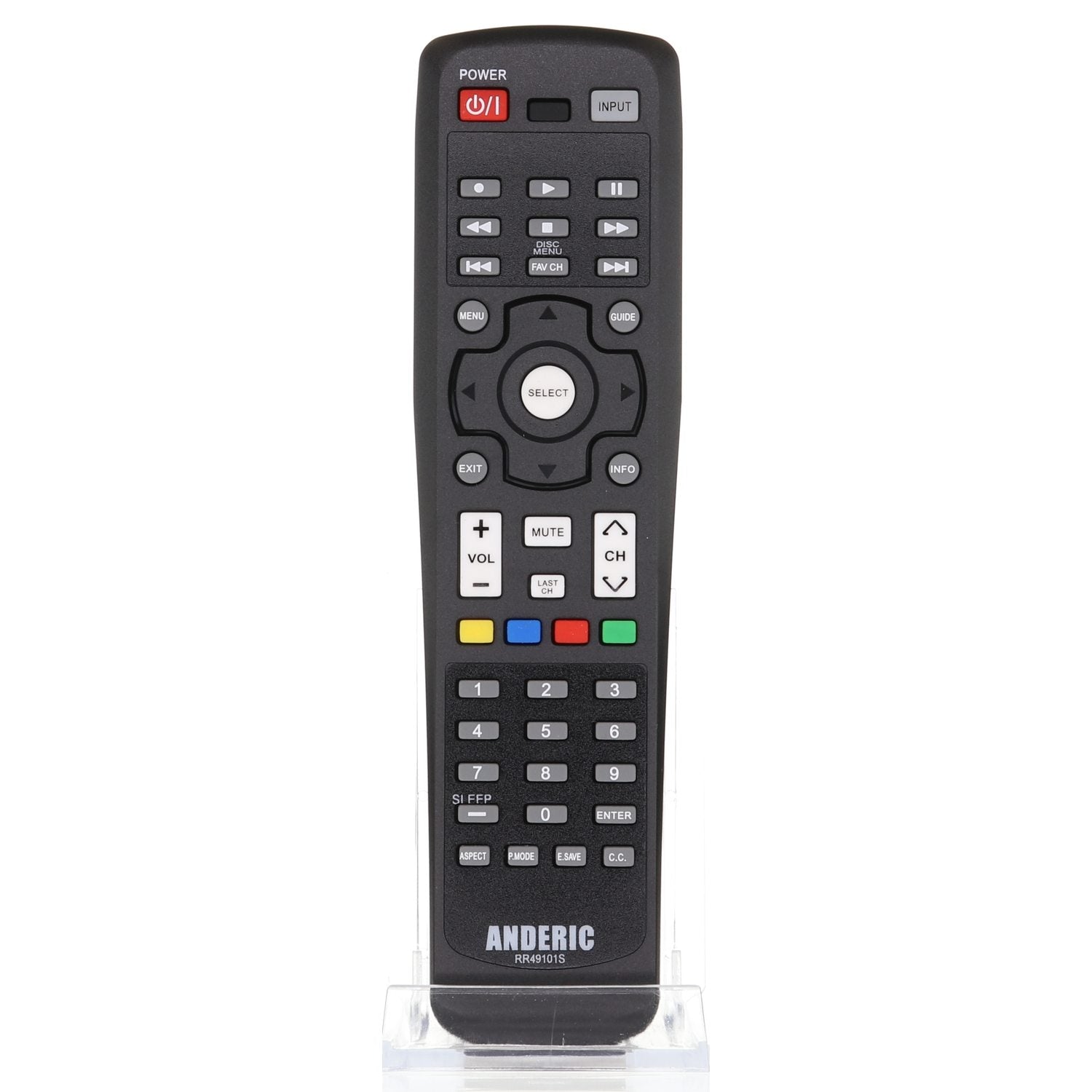 The Anderic CLU-49101S remote control for Hitachi TVs is sleek and black, featuring buttons for power, input, volume, channel, playback, number keys, and colored buttons for extra functions to ensure smooth entertainment system control.