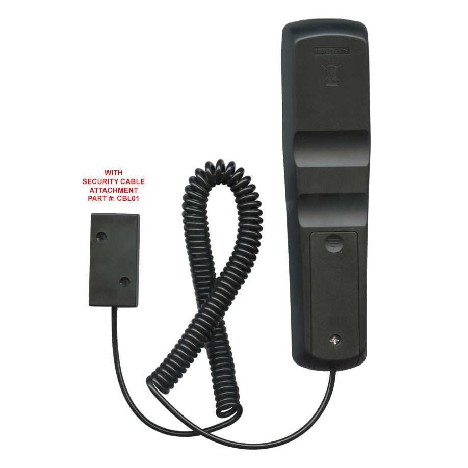 A black handset with a coiled cord links to a rectangular base with a security cable (Part #: CBL01). Ideal for pairing with the Anderic CLU-49101S Hitachi TV Remote Control - RR49101S, offering seamless home integration.