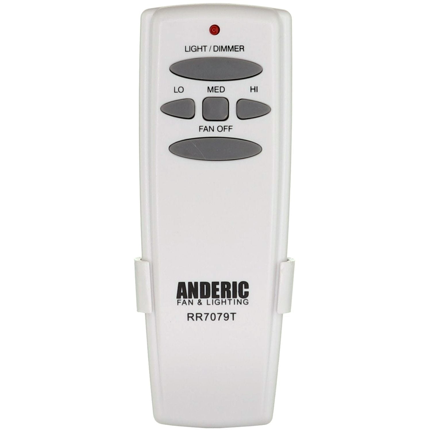 The Anderic RR7079T FAN-HD remote, compatible with UC7078T/FAN-HD models, features controls for light/dimmer, three fan speeds (low/medium/high), and an off button. A sleek white design makes it a great replacement for Hampton Bay remotes.