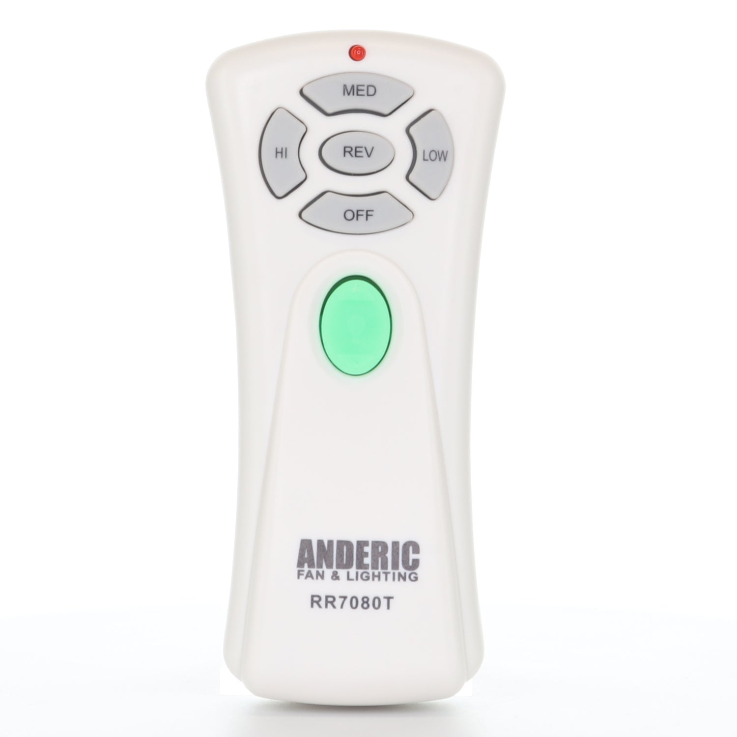 The white Anderic CHQ7080T/UC7080T remote for Hampton Bay ceiling fans (RR7080T) has a green power button and controls fan speed, reverse, off functions, and light dimming.