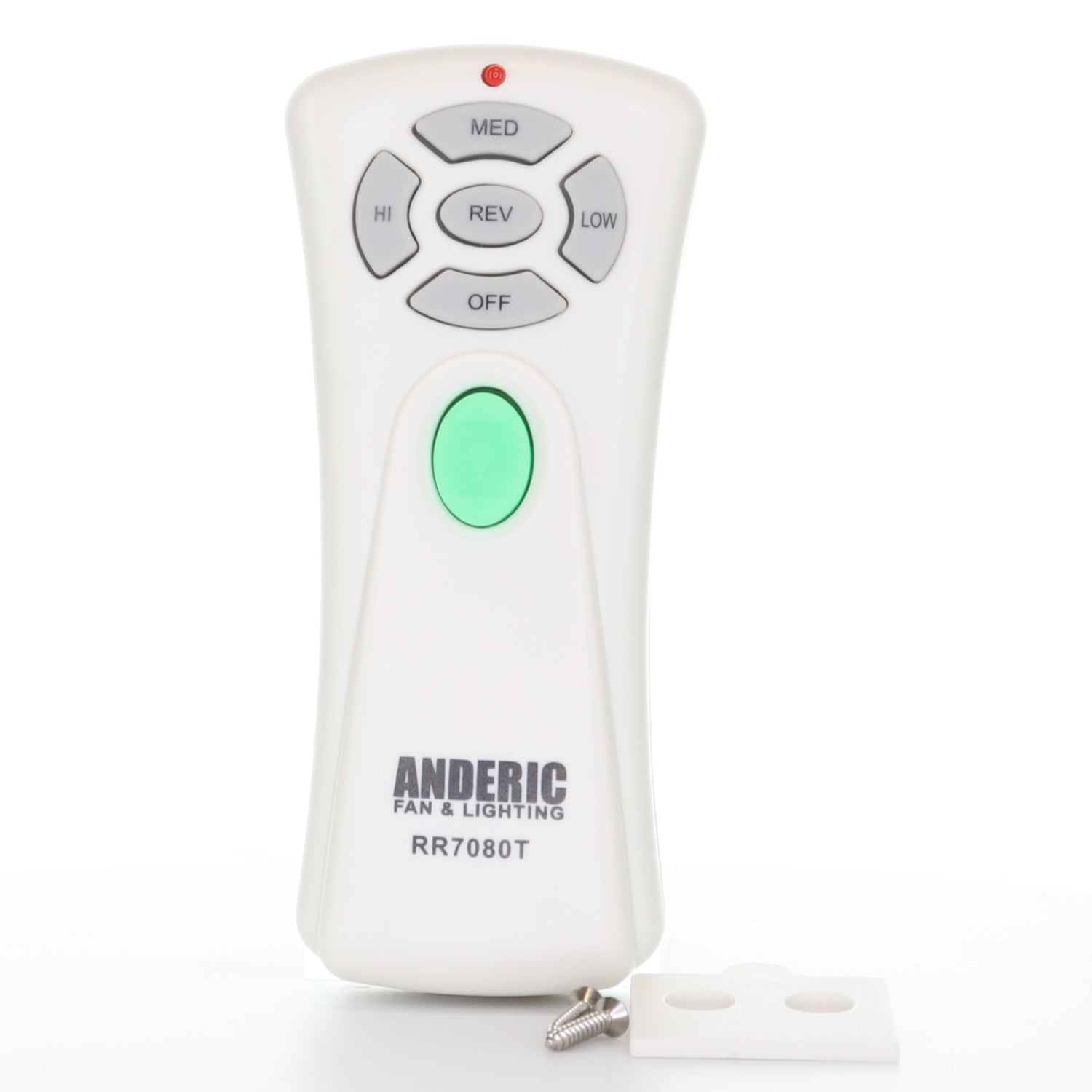 The Anderic model RR7080T remote control for Hampton Bay ceiling fans features buttons for med, low, hi, rev, and off around a central green button. It includes a wall mount bracket with a screw.