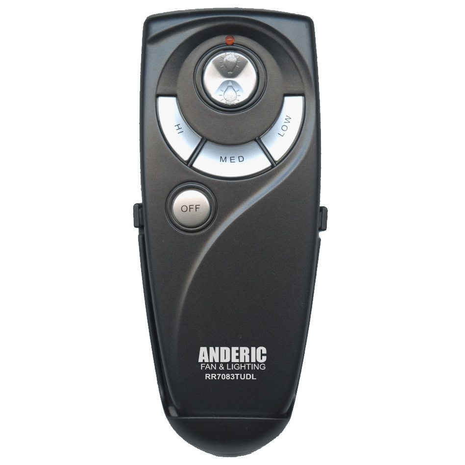 The Anderic UC7083TUDL CHQ7083T Remote Control - RR7083TUDL is ideal for your Hampton Bay Ceiling Fan, featuring buttons for high, medium, low, and off settings. Easily control your fan and lighting with this sleek black remote.