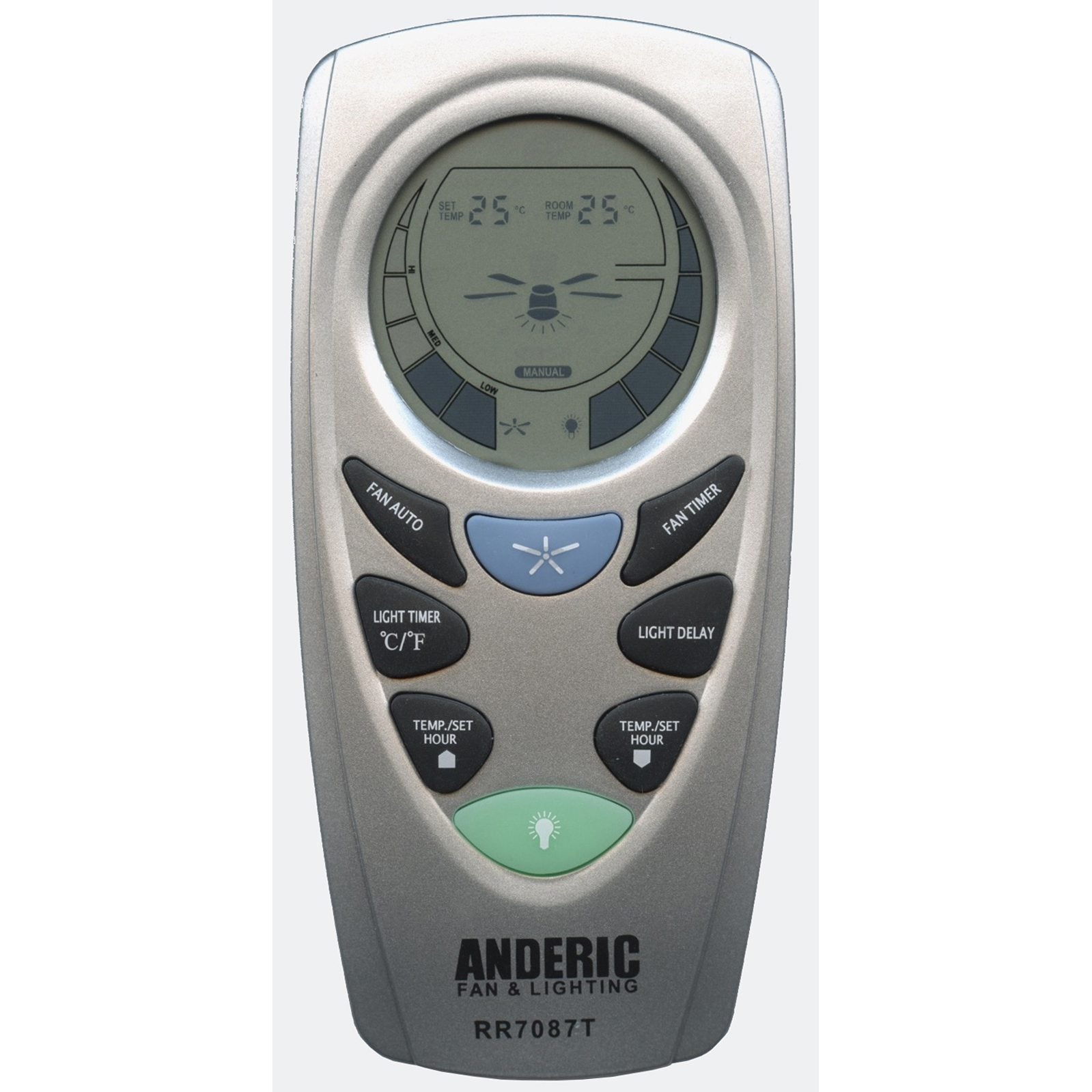 The Anderic UC7087T remote for Hampton Bay ceiling fans features buttons for fan modes, light delay, temperature settings, and a digital screen displaying temperature and fan status.