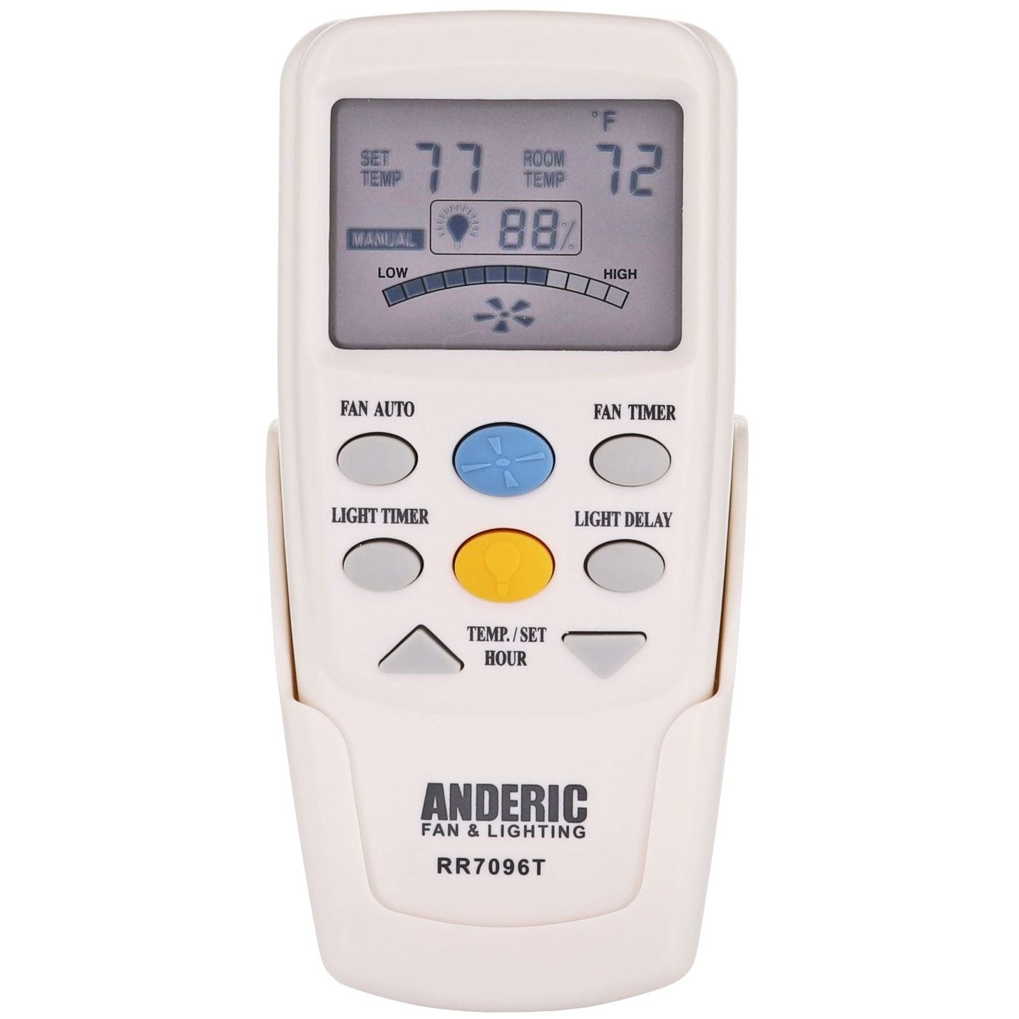 The Anderic CHQ7096T RR7096T remote, perfect for Hampton Bay ceiling fans, manages fan and lighting with buttons for speed, light, and temperature. It displays set/room temperatures and battery level.