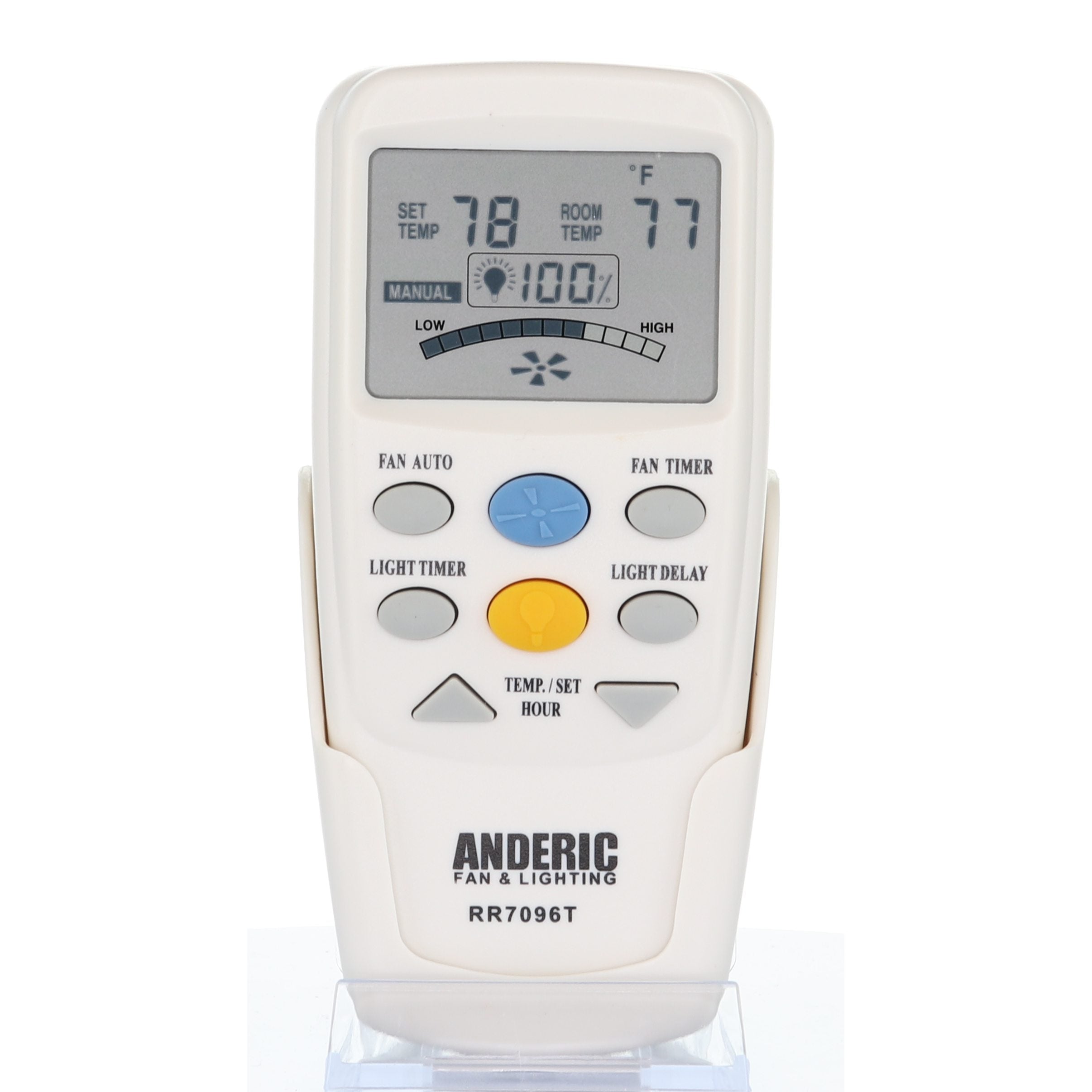 The white Anderic CHQ7096T RR7096T remote, compatible with Hampton Bay fans, shows a set temperature of 78°F and room temp of 77°F. It provides fan modes and light timer settings for smooth climate control.