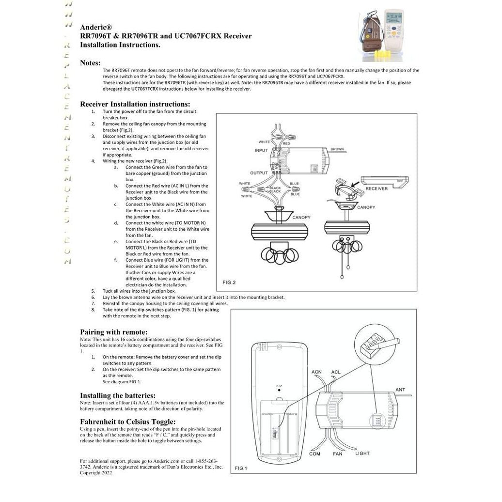 Anderic CHQ7096T / CHQ8BT7096T For Hampton Bay Ceiling Fan Remote Control with Reverse Key - RR7096TR