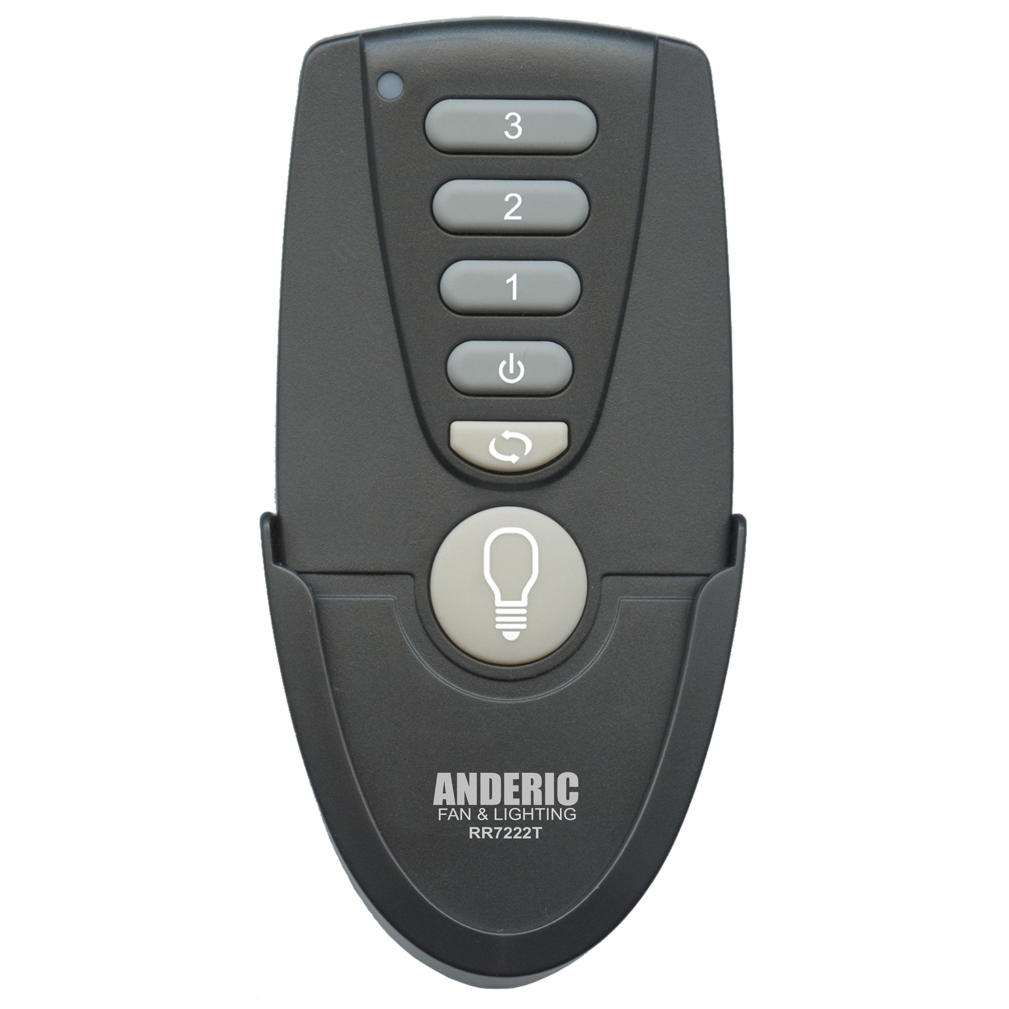 The Anderic RR7222T434 remote for Hampton Bay ceiling fans is black with buttons 3, 2, 1, a light bulb symbol, on/off, and reverse. Ideal for those wanting functionality and sleek design in their Home Decorators Collection fans.