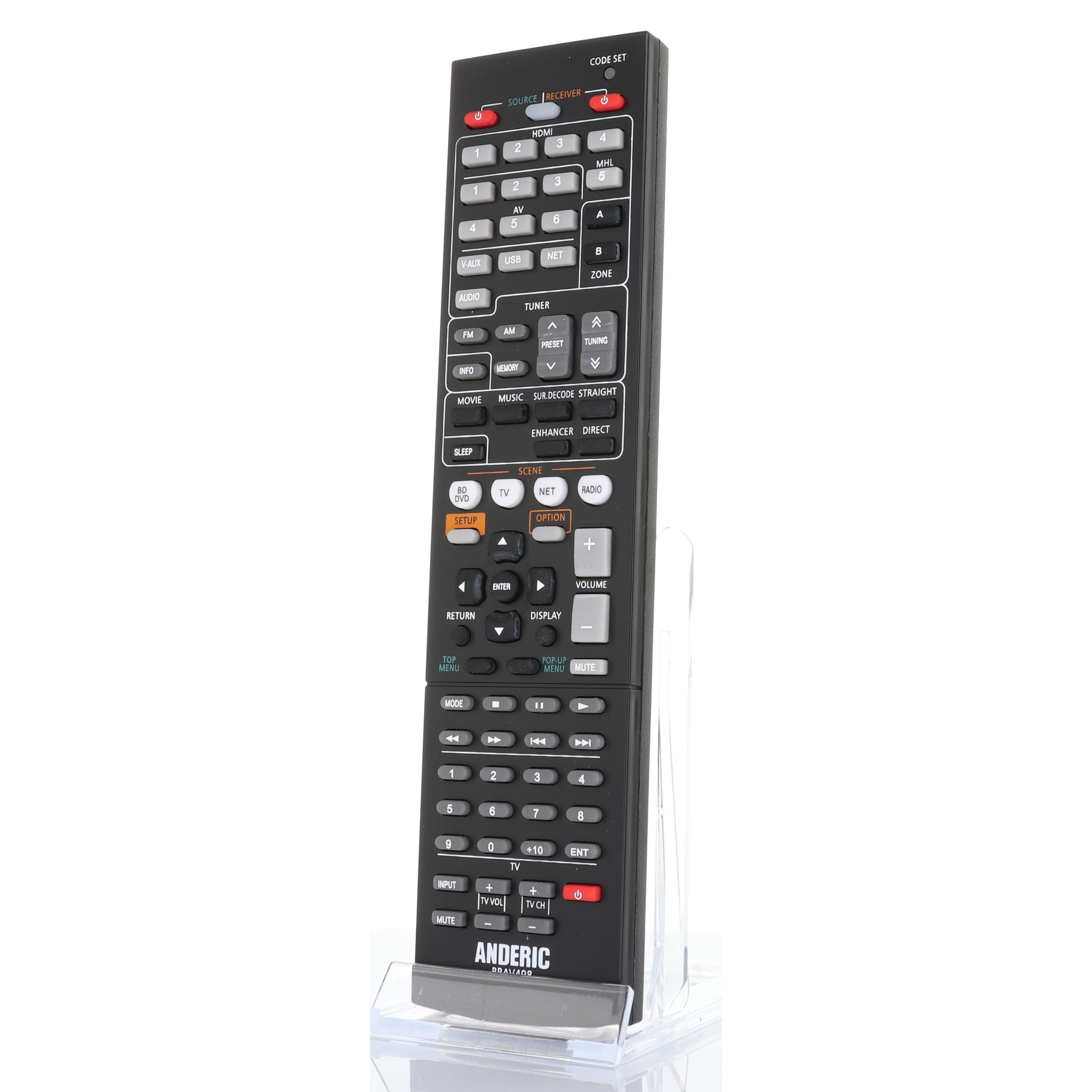 The Anderic RAV498 universal remote for Yamaha AV receivers is a black, pre-programmed replacement with buttons for volume, channel, and numbers. It is elegantly displayed on a clear stand.