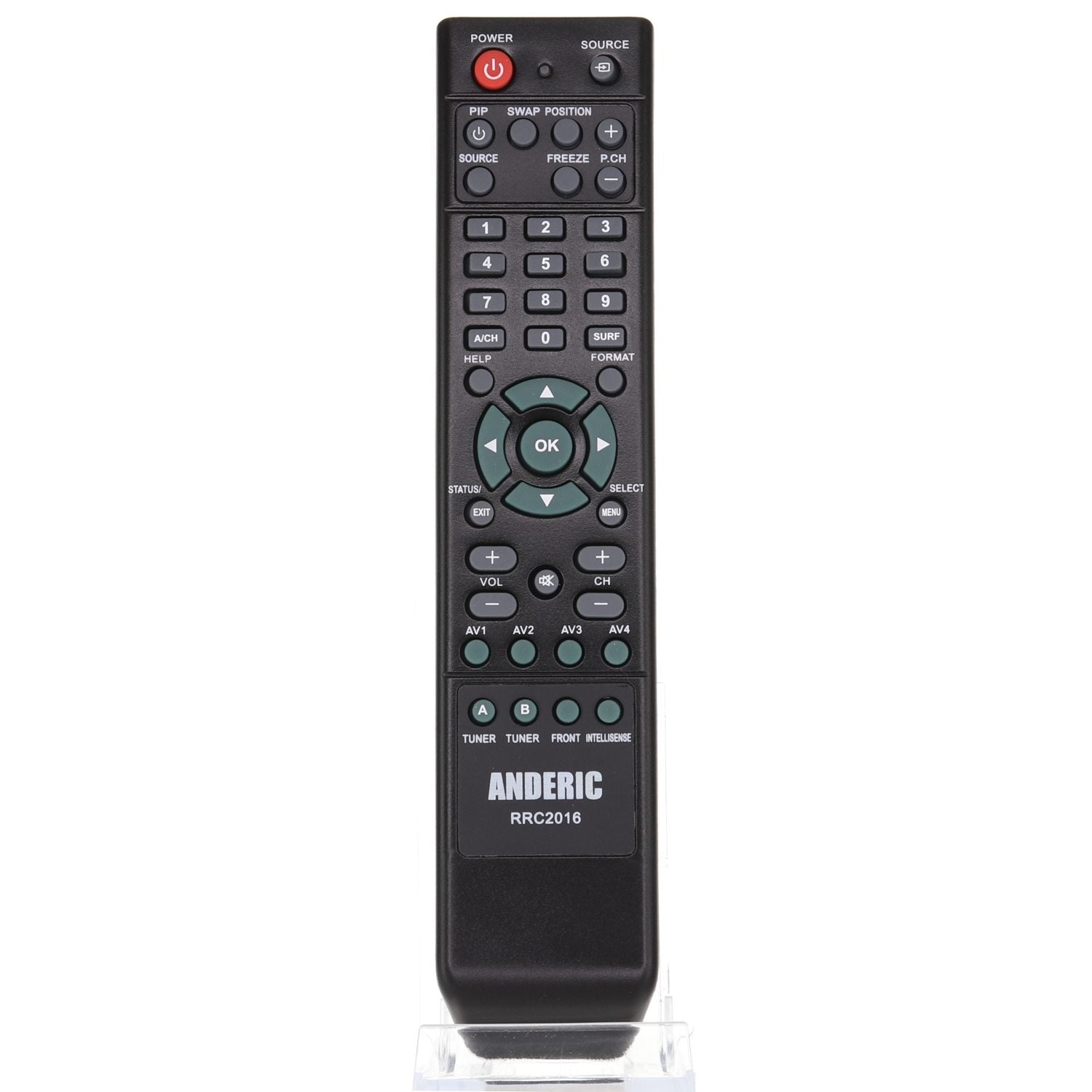 Displayed upright on a clear stand, the black Anderic RRC2016 Philips Intellisense TV Remote Control comes pre-programmed with buttons for power, source, and navigation, making it perfectly compatible as a Philips TV remote.