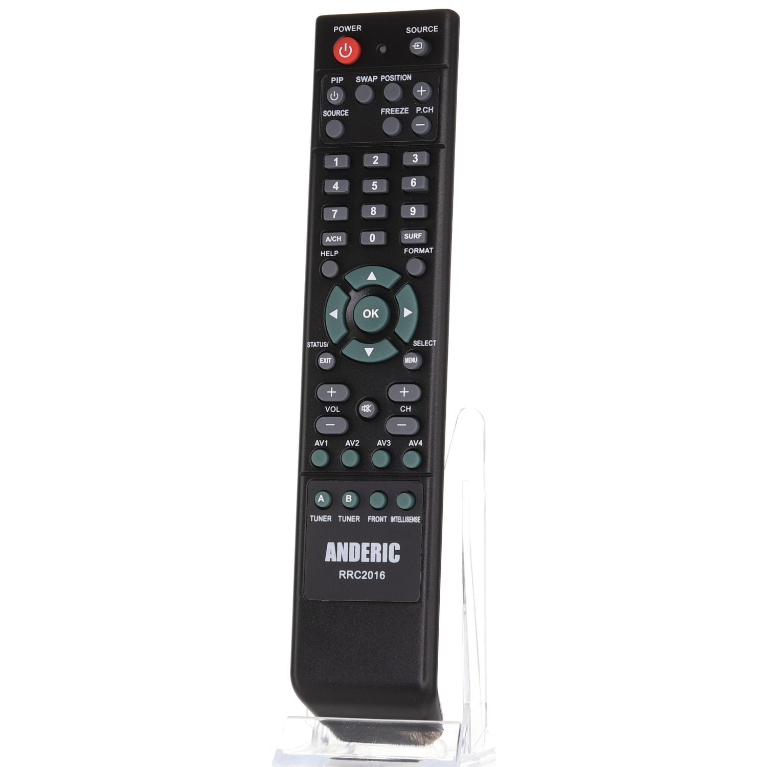 The black Anderic RRC2016 Philips Intellisense TV Remote Control is pre-programmed with buttons for power, source, numbers, and volume. It stands upright on a stand for versatile use, making it ideal for controlling your Philips TV.