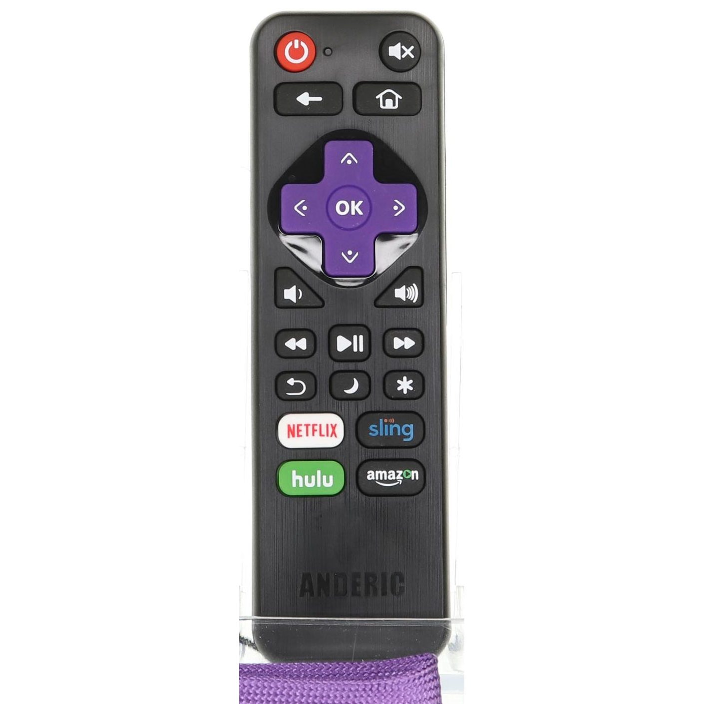 The Anderic RRLF16 Replacement RC280 RC-AFIR RC-ALIR for Roku TV Remote Control offers seamless compatibility, featuring navigation, volume controls, and dedicated buttons for Netflix, Sling, Hulu, and Amazon in a sleek black design with a vibrant purple directional pad.