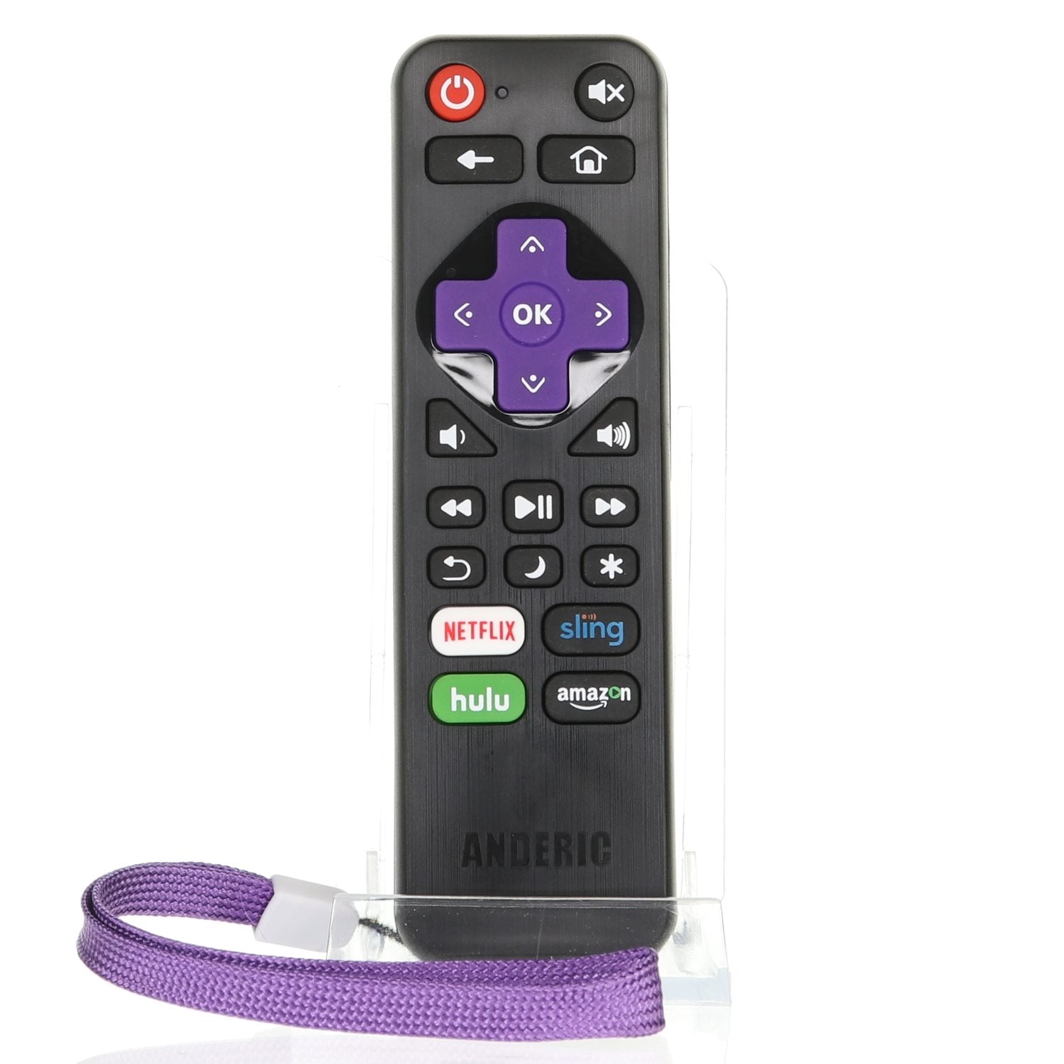 The Anderic RRLF16 Replacement RC280 RC-AFIR RC-ALIR Roku TV Remote, in black, features a purple navigation pad, buttons for Netflix, Sling, Hulu, and Amazon, and includes a wrist strap for convenience. Enjoy seamless platform compatibility with streaming at your fingertips.