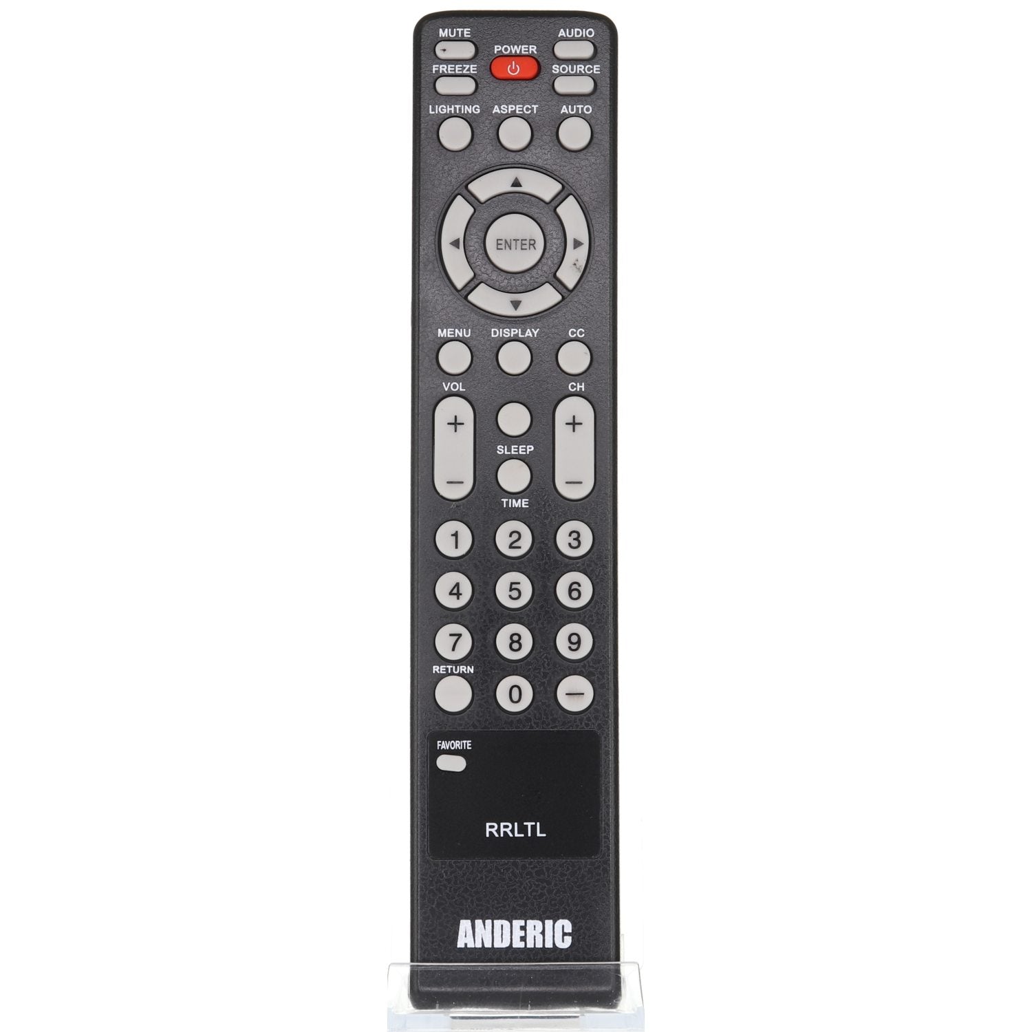 The Anderic RRLTL OLEVIA TV Remote Control - RC-LTL is a sleek black, pre-programmed universal remote featuring power, volume, input, number buttons, and a central navigation pad. Ideal as an Olevia TV remote with no programming needed.